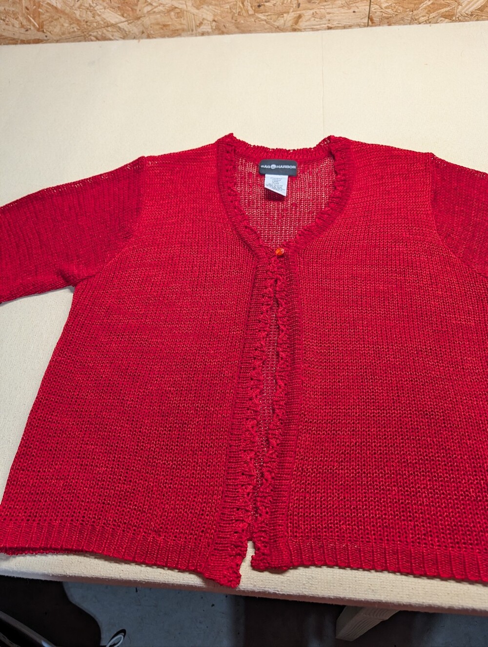 Sag Harbor Women's Size L Red Open-Front Knit Cardigan Shrug Shiny